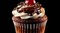 Decadent chocolate cupcake topped with swirled vanilla buttercream frosting, drizzled chocolate sauce and chocolate shavings on black background. Macro food photography.