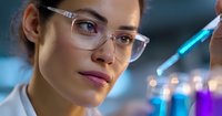 Female scientist in lab coat and clear glasses examining glowing blue liquid in test tube against blurred laboratory background with purple lighting effects.