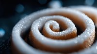 Freshly baked cinnamon roll with sugar glaze close-up on dark background. Sweet pastry dessert with spiral shape and powdered sugar topping.