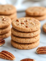 Stack of freshly baked pecan shortbread cookies with whole pecans scattered around on marble surface, showing crisp texture and golden brown color.