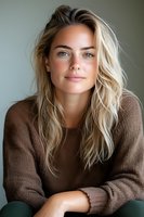Young Caucasian woman with blonde wavy hair wearing brown knit sweater smiling naturally at camera. Soft window lighting creates gentle shadows on face. Professional portrait.