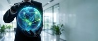 Professional businessman holding glowing digital globe with network connections in modern office environment for technology and business concepts.