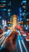 Hand holding vintage Edison bulb with glowing filament against blurred city lights at night creating bokeh effect for innovation and creativity concepts.