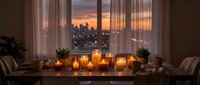 Cozy evening interior with glowing candles on windowsill overlooking city skyline at sunset, creating warm ambient lighting for relaxation and romance.