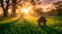 Small wooden house model on green grass field during golden sunset with trees silhouette creating warm peaceful atmosphere for real estate concepts.