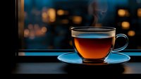 Steaming cup of black tea on saucer against window with blurred city lights bokeh background creates cozy evening atmosphere.