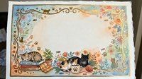 Decorative frame with sleeping cats, flowers and ornate border elements on textured background for greeting cards and scrapbooking projects.