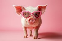 Adorable pink piglet wearing heart-shaped sunglasses on pastel background for Valentine's Day marketing, greeting cards, and romantic campaigns.