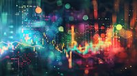 Young professional analyzing financial data on digital display with colorful stock market charts and graphs, suitable for business, finance, investment, and technology presentations.