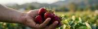 Fresh ripe strawberries cupped in farmer hands at sunset in agricultural field with mountain landscape background for organic farming and harvest concepts.