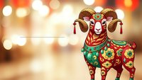 Decorative ram with ornate patterns and colorful folk art design against warm bokeh background for Chinese New Year celebrations and festive occasions.