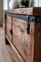 Rustic wooden cabinet with black metal hardware featuring natural wood grain texture and sliding barn door detail, captured in soft focus with shallow depth of field.