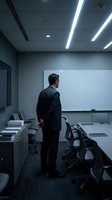 Businessman standing in modern conference room with whiteboard and office chairs during evening meeting preparation.
