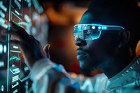 African American scientist wearing futuristic augmented reality glasses works with holographic interface in modern research laboratory with neon blue lighting effect.