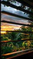 Dramatic sunset view through window blinds with tropical palm leaves, creating natural frame effect against golden hour sky and lush green vegetation.