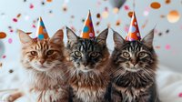 Three adorable cats wearing colorful party hats pose together while confetti and bokeh lights create festive atmosphere in background for celebration and holiday cards.