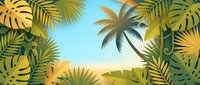 Tropical paradise frame with palm trees and exotic leaves creating natural border against sunny beach background for summer vacation designs.