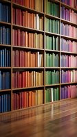 Colorful rainbow bookshelf with organized books arranged by color spectrum from blue to purple creating vibrant library wall display for education and reading.