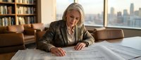 Professional blonde businesswoman analyzing financial documents and charts in modern office with city skyline view and bookshelf background.
