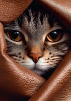 Close-up of curious cat face peeking through brown leather blanket folds, showing detailed whiskers, striped fur pattern and intense amber eyes in dramatic lighting.