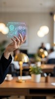 Hand touching holographic success priority systems interface with growth charts and icons in modern office workspace for business technology presentations.