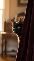 Black cat peeking behind burgundy curtain with golden sunlight illuminating its face and whiskers in home interior setting.