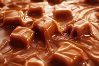 Melted caramel candy pieces in smooth flowing liquid caramel sauce creating rich texture and glossy surface with deep amber tones and sweet confectionery appeal.