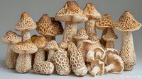 Decorative ceramic mushrooms in beige and brown tones arranged in group composition against neutral background, showcasing various sizes and textured patterns.