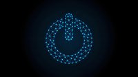 Glowing blue polygonal power button symbol made of connected dots and lines on dark background, representing technology and digital energy.