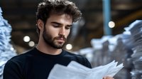 Young bearded Caucasian male warehouse worker in black sweater checking inventory documents among stacked packages. Professional logistics management concept.