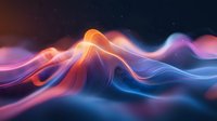Abstract colorful light waves with orange, pink, and blue flowing lines against dark background, creating dynamic motion effect.