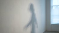 Silhouette of female figure behind frosted glass partition in modern interior space, suitable for concepts of privacy, separation, and contemporary design.