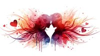 Two silhouettes facing each other with flowing hair in watercolor red and pink tones, hearts floating around romantic couple design for love themes.
