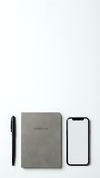 Minimalist workspace flat lay with gray essentials notebook, black pen and smartphone on white background for business and productivity concepts.