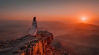 Woman in flowing white dress standing on rocky cliff edge watching golden sunrise over layered mountain ranges in serene contemplative moment.