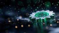 Dynamic splash of green liquid with water crown formation and droplets against dark background with bokeh lights, captured in high-speed photography for beverage advertising.