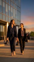 Two young Caucasian businesswomen in black suits walk barefoot at sunset near a glass office building, holding heels, conveying freedom and success.