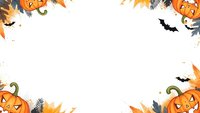 Halloween frame with carved pumpkins, autumn leaves and flying bats on white background. Seasonal border design for party invitations and decorations.