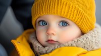 Adorable baby with bright blue eyes wearing yellow knit hat and cozy sweater looking directly at camera with innocent expression in soft natural lighting.