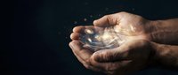 Hands holding glowing galaxy, universe in palms, cosmic energy, spirituality, hope, future vision for business, science, wellness concepts.