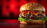 Juicy cheeseburger with beef patty, melted cheese, fresh vegetables and sesame bun on dark wooden table against red bokeh background, perfect for restaurant menu or food advertising.