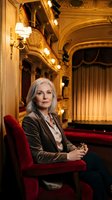 Elegant mature Caucasian businesswoman in formal attire sitting in luxurious opera house theater box with ornate golden architecture and red velvet seating.