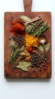Aromatic herbs and spices arranged on rustic wooden cutting board with copper measuring spoons for culinary cooking and seasoning recipes.