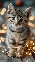Adorable tabby kitten with blue eyes sitting among warm golden fairy lights on wooden surface creating magical bokeh background for holiday celebrations.
