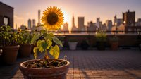 Sunflower plant in terracotta pot on urban rooftop at sunset with city skyline and bridge in background, suitable for environmental, growth, and urban gardening concepts.
