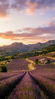 Lavender fields at sunset with purple flowers in rows leading to rustic farmhouse and mountains under dramatic colorful sky for agriculture and travel content.