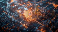Futuristic digital cityscape with glowing orange network connections illuminating skyscrapers in tilt-shift effect, representing smart city technology.