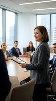 Confident middle-aged Caucasian businesswoman leading a corporate meeting, holding a tablet, addressing colleagues in a modern boardroom.