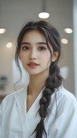 Young Asian woman with braided dark hair wearing white robe looking at camera with soft natural makeup against blurred background with bokeh lights. Professional portrait.