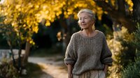 Senior Caucasian woman in knitted sweater smiling while walking in autumn park with golden foliage background, enjoying peaceful retirement outdoors.